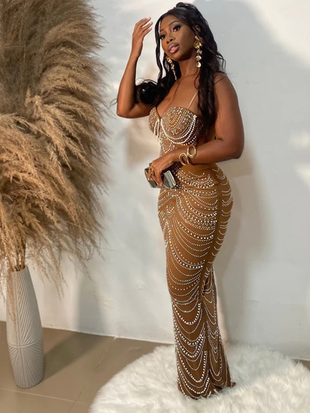 Rhinestone-Embellished Brown Maxi Dress with Sheer Beaded Detail